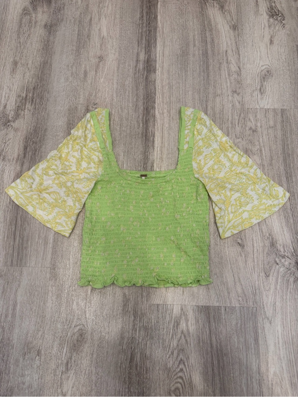 Free People XS Green Smocked Bell Sleeve Crop Top Boho